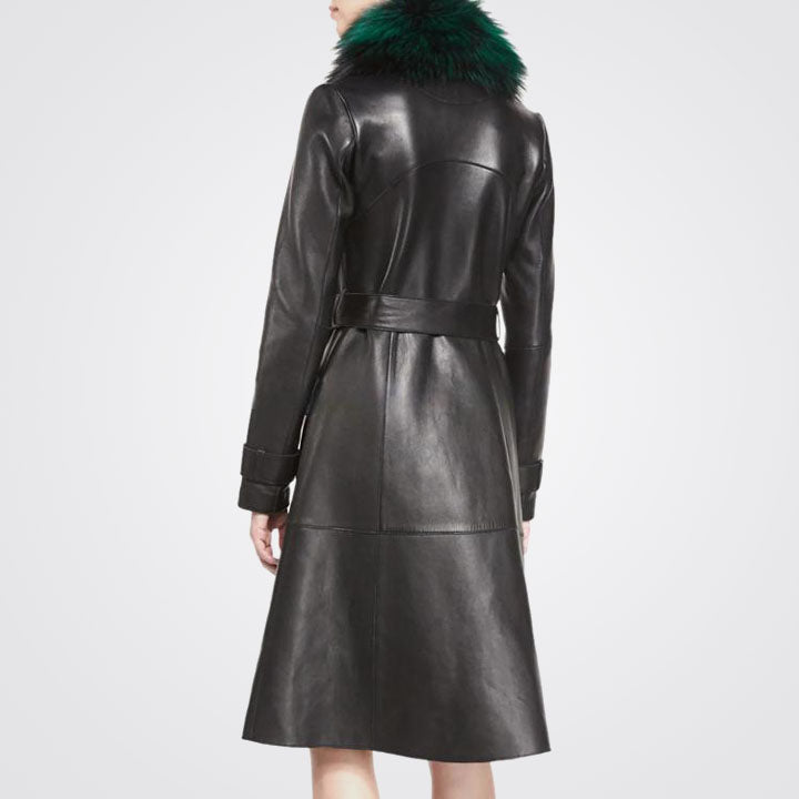 Women's Black Leather Trench Coat With Fur Collar