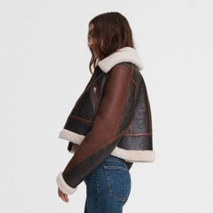 Women's Brown B3 Bomber Cropped Shearling Aviator Biker Jacket