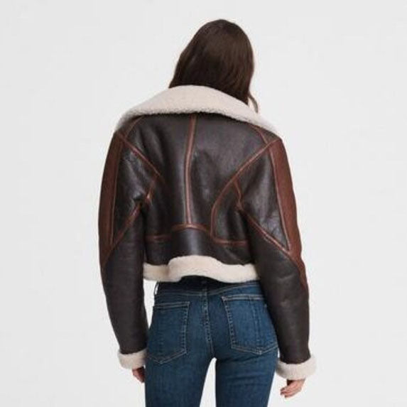 Women's Brown B3 Bomber Cropped Shearling Aviator Biker Jacket