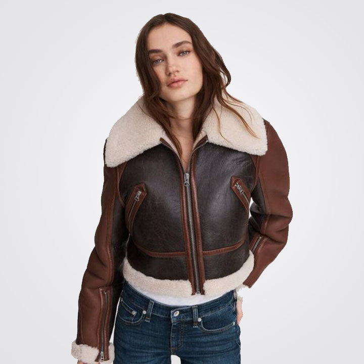 Women's Brown B3 Bomber Cropped Shearling Aviator Biker Jacket