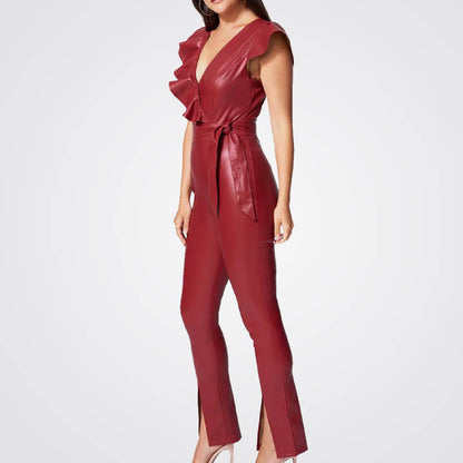 Women's Burgundy Leather Jumpsuit with Ruffle Detail and Cap Sleeves