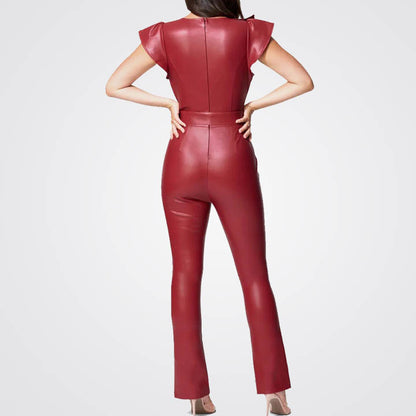 Women's Burgundy Leather Jumpsuit with Ruffle Detail and Cap Sleeves