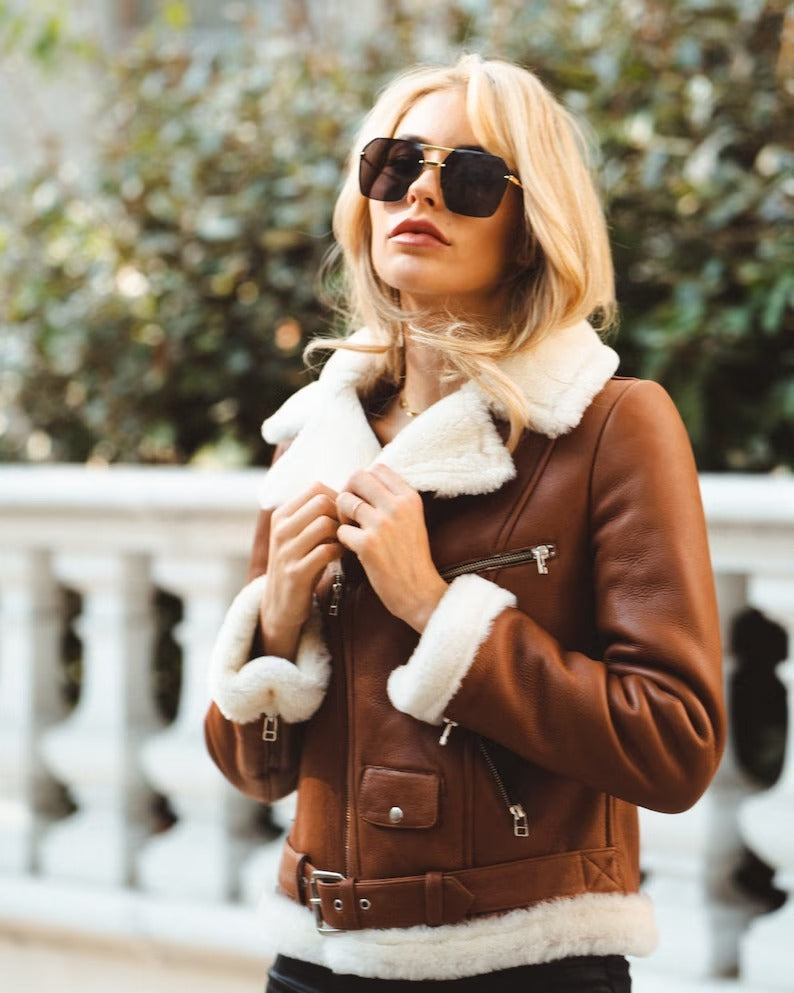 Women's Chestnut Aviator Shearling Jacket