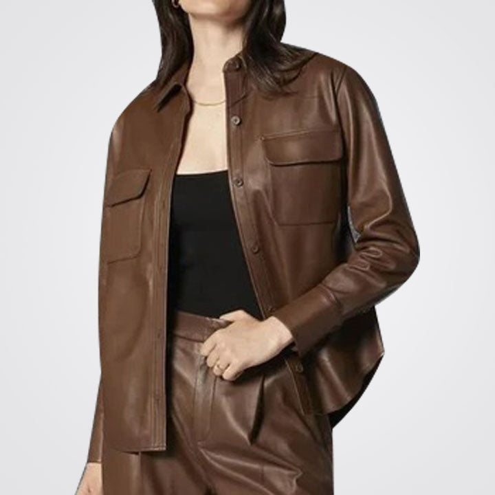 Women's Chocolate Brown Biker Style Leather Shirt