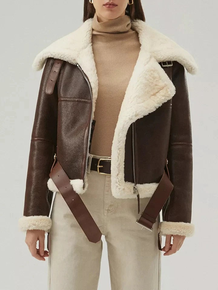 Women's Dark Brown Leather Shearling Coat Aviator Jacket