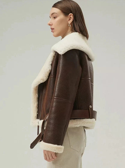 Women's Dark Brown Leather Shearling Coat Aviator Jacket