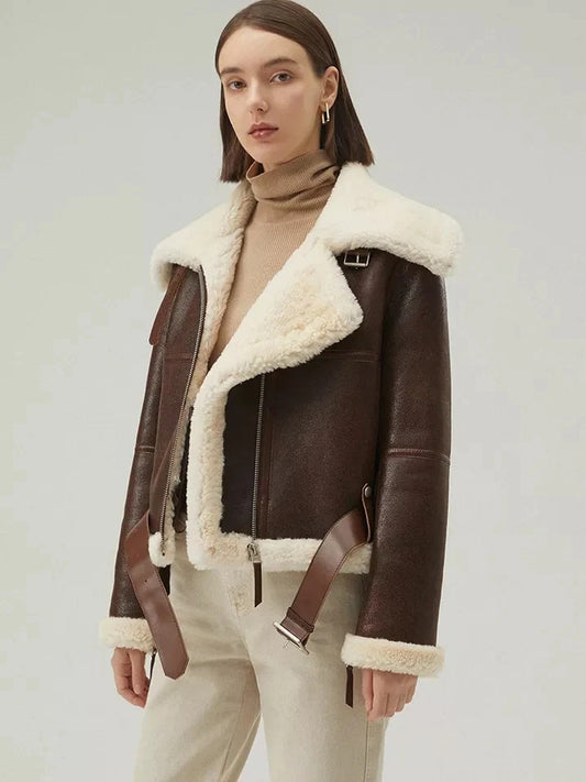 Women's Dark Brown Leather Shearling Coat Aviator Jacket
