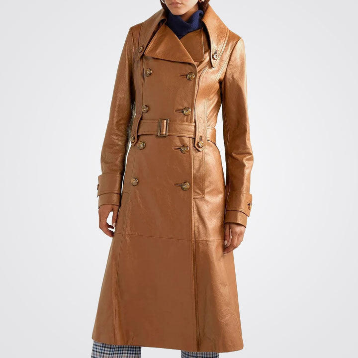 Women's Double Breasted Brown Leather Trench Coat with Notch Collar