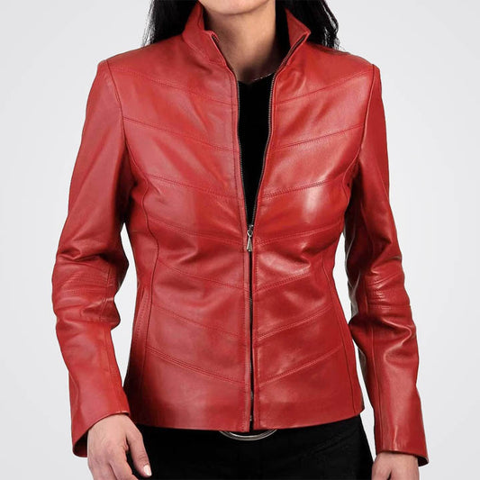 Women Genuine Lambskin Leather Red Jacket
