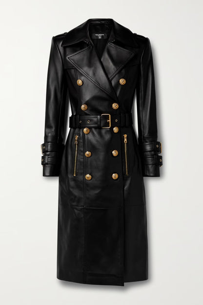 Women's Golden Button Black Leather Trench Coat