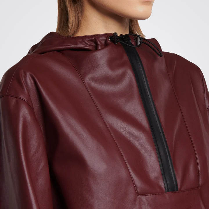 Women's Red Leather Bomber Jacket with Hood
