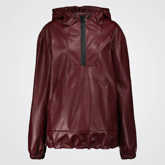 Red Leather Bomber Jacket with Hood