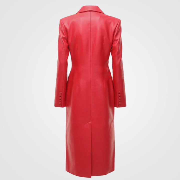 Women's Button-up Red Leather Trench Long Coat