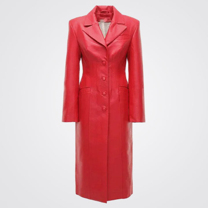Women's Button-up Red Leather Trench Long Coat