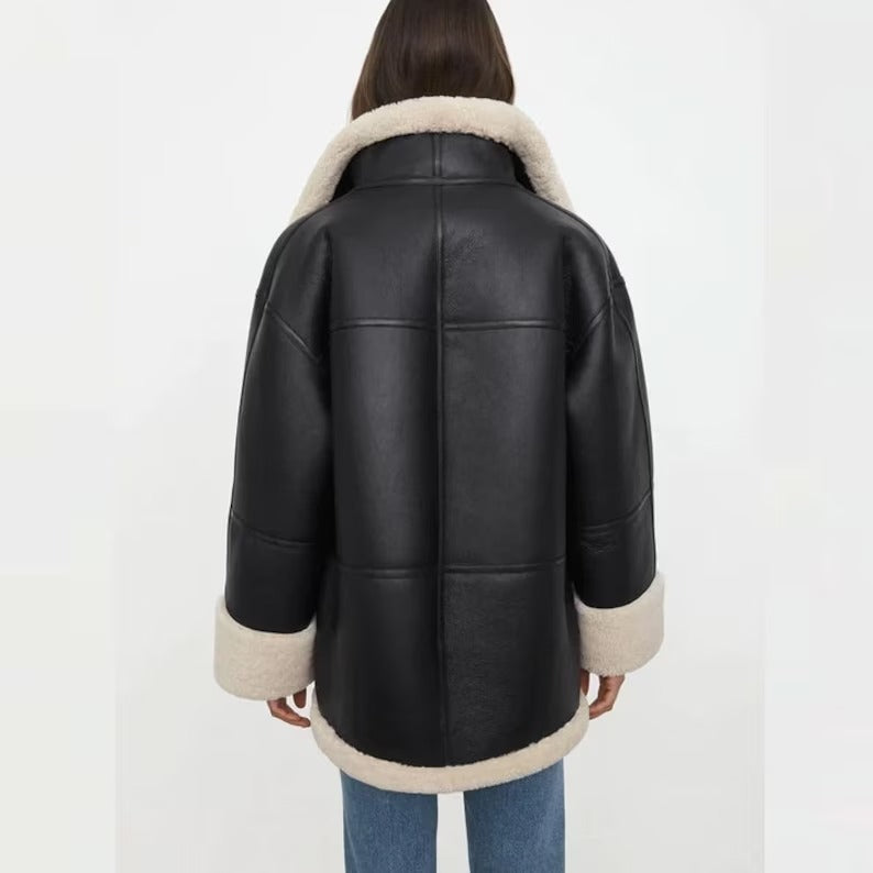 Women's Black Oversized Shearling Leather Sherpa Jacket