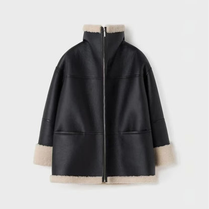 Women's Black Oversized Shearling Leather Sherpa Jacket