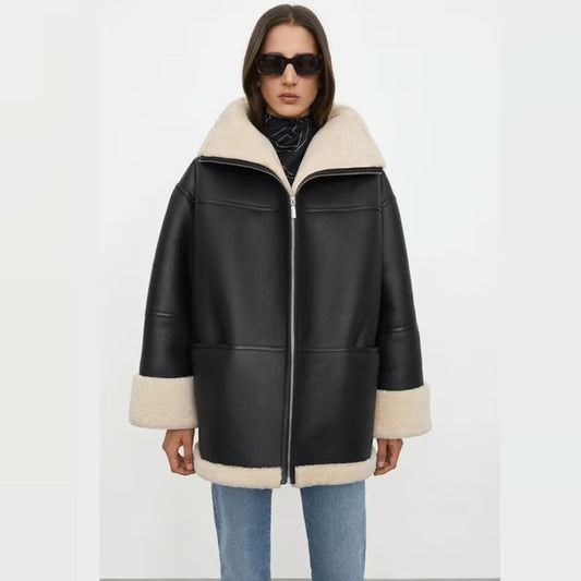 Women's Black Oversized Shearling Leather Sherpa Jacket