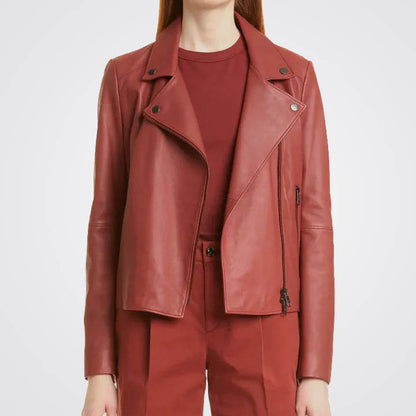 Women's Plain Red Leather Biker Jacket