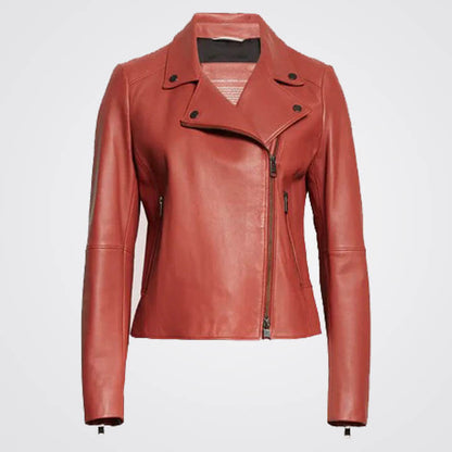 Women's Plain Red Leather Biker Jacket