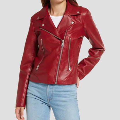 Women's Red Leather Moto Jacket
