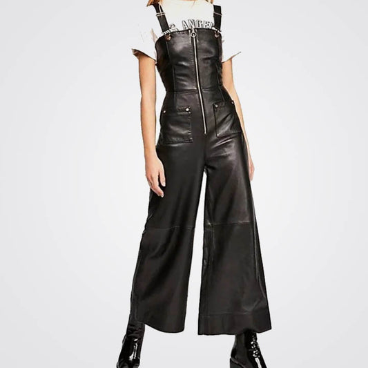 Women's Sleeveless Black Leather Jumpsuit with Wide Leg