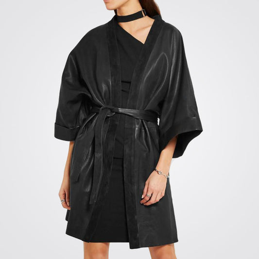 Women's Suede Trimmed Black Leather Coat