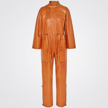 Women's Tan Utility Real Leather Jumpsuit