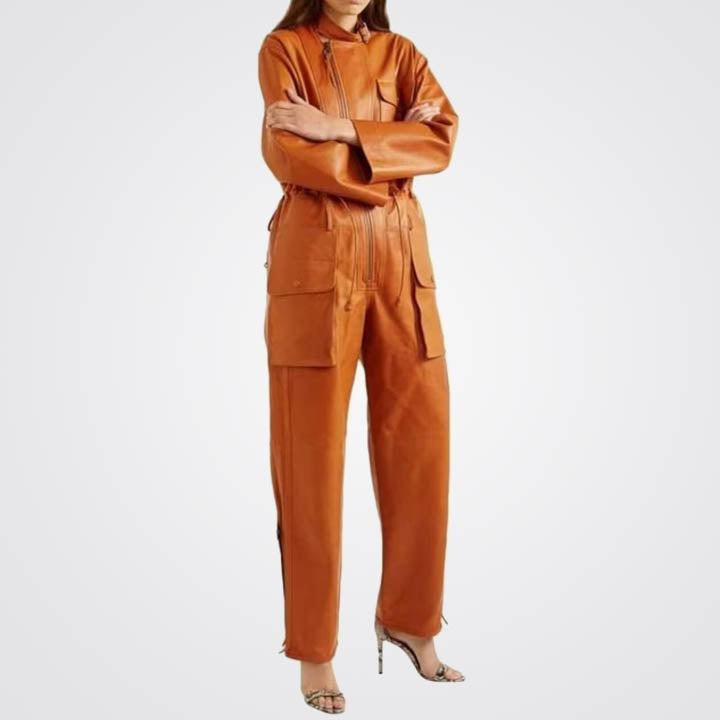Women's Tan Utility Real Leather Jumpsuit