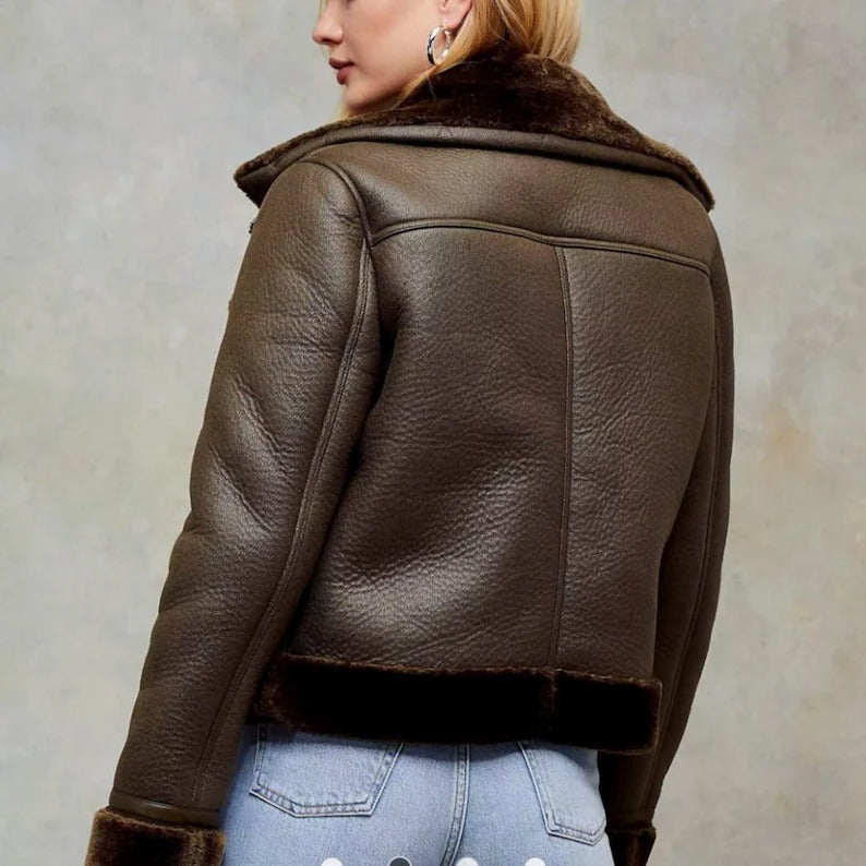 Women's Thick Lined Fur Winter Brown Leather Jacket