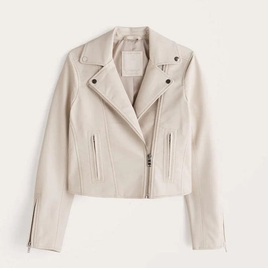 Stylish Women's White Leather Biker Jacket