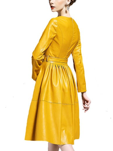 Women's Yellow Tie-Waist Lamb Leather Dress