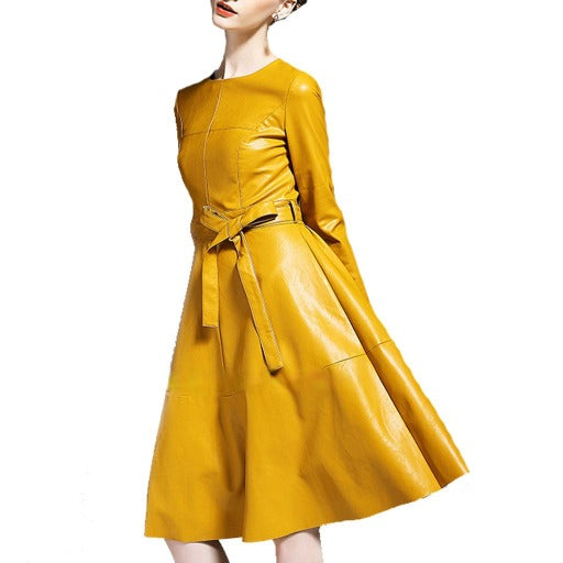 Women's Yellow Tie-Waist Lamb Leather Dress