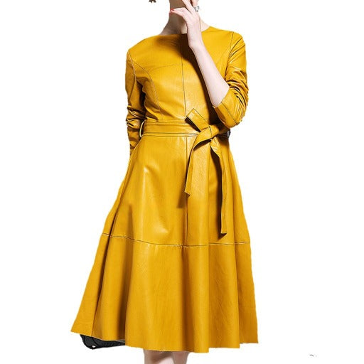 Women's Yellow Tie-Waist Lamb Leather Dress