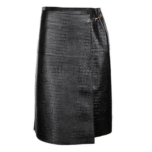 Wrap Style Midi Leather Skirt - Black Women Leather Skirt