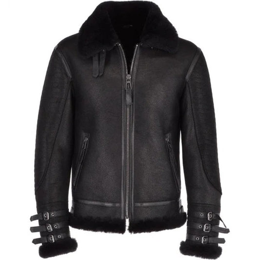 Black Aviator Shearling Leather Bomber Jacket