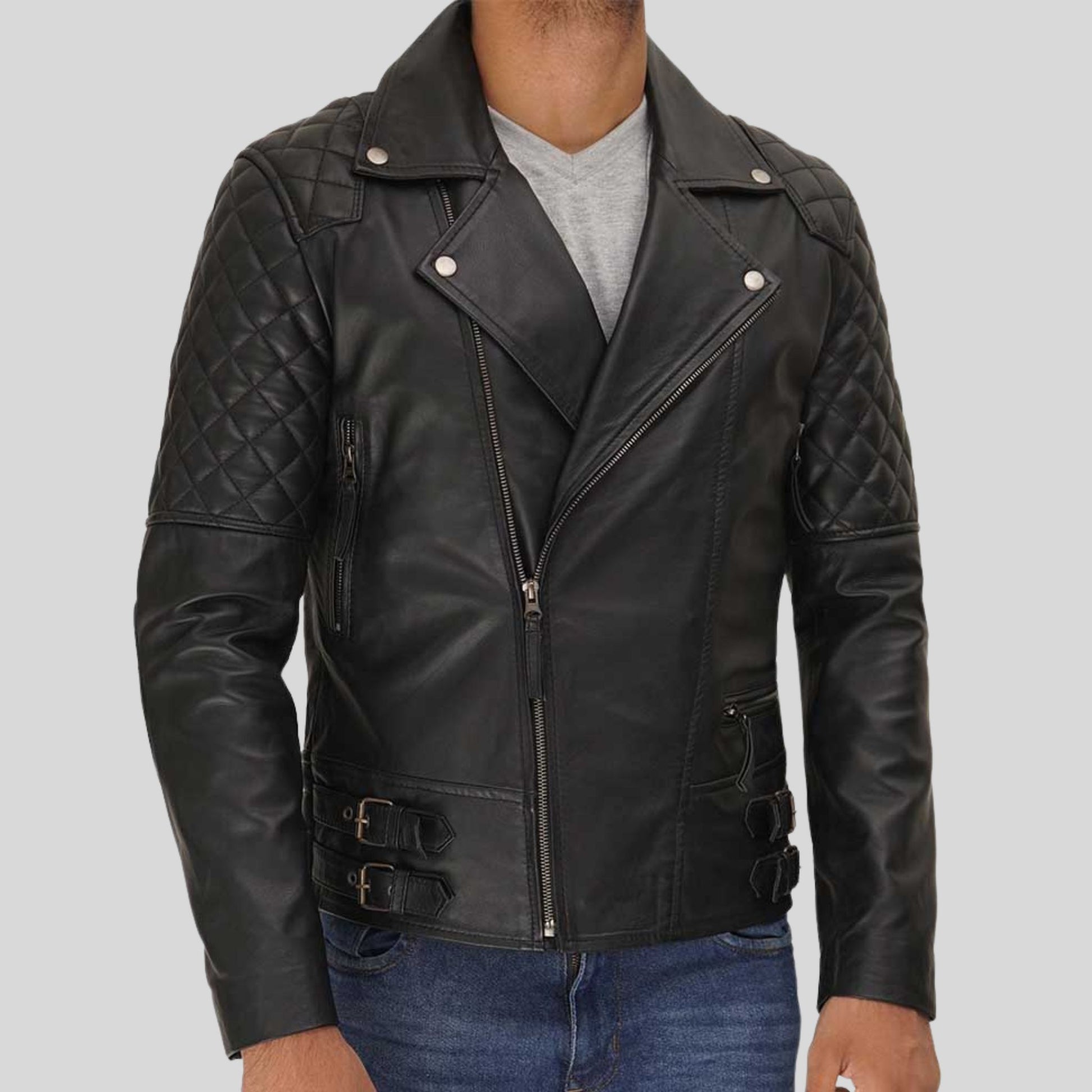 Stylish Men's Black Shoulder-Quilted Biker Leather Jacket