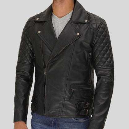 Stylish Men's Black Shoulder-Quilted Biker Leather Jacket