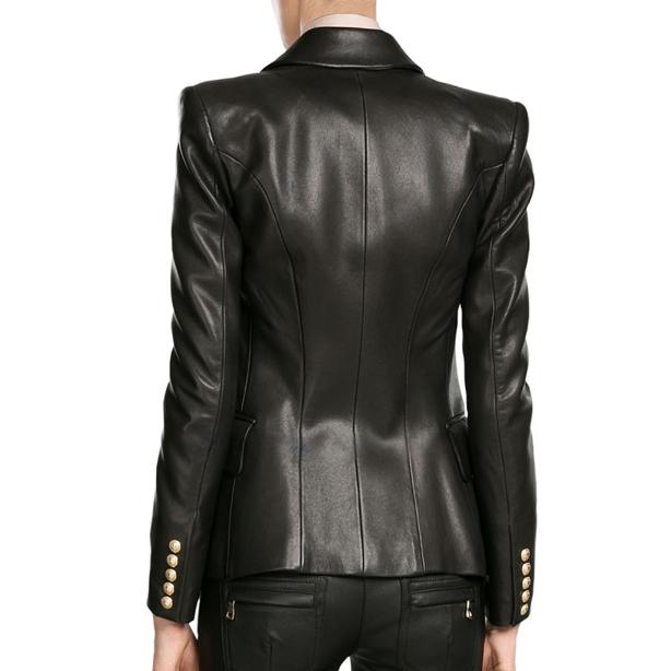 Women Black Leather Blazer with Golden Button