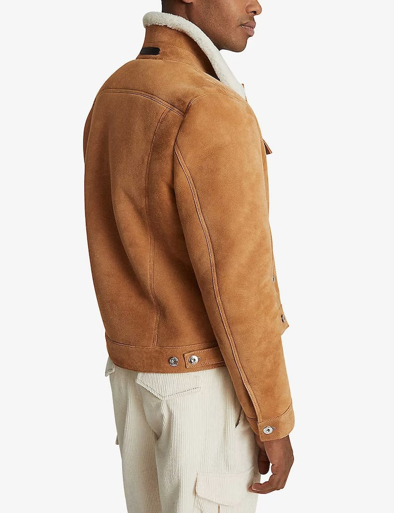 Stylish Suede Trucker Jacket with Faux Shearling Collar