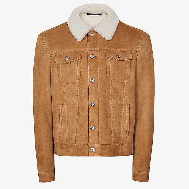 Stylish Suede Trucker Jacket with Faux Shearling Collar