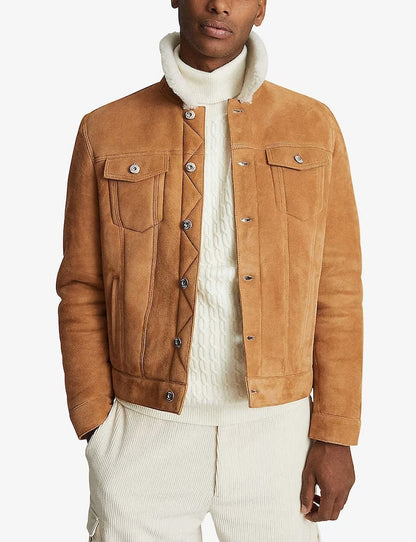 Stylish Suede Trucker Jacket with Faux Shearling Collar