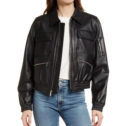 Women's Black Genuine Leather Bomber Jacket