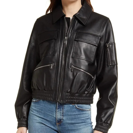 Women's Black Genuine Leather Bomber Jacket