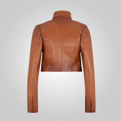 Trendy Women's Cropped Goatskin Brown Leather Jacket