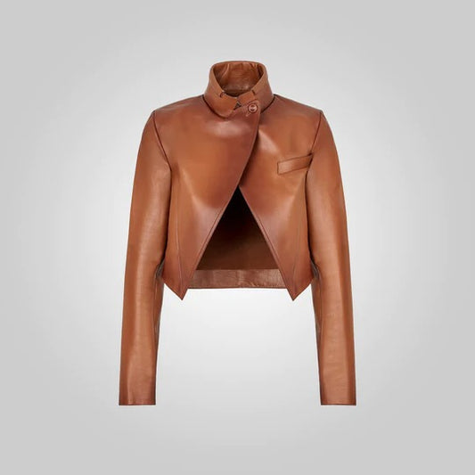Stylish Cropped Brown Goatskin Women's Leather Jacket