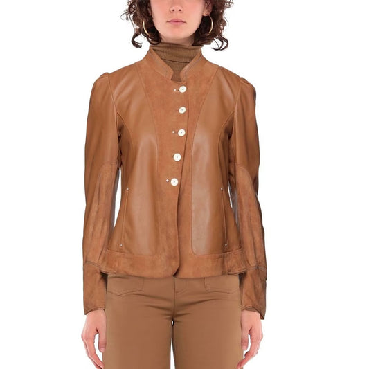 Women's Leather and Suede Jacket with Mandarin Collar