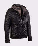 MENS BLACK BOMBER LAMBSKIN REAL LEATHER JACKET WITH HOOD - Wiseleather