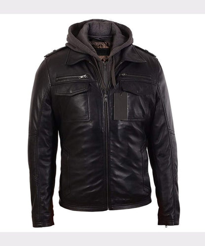 Mens Black Bomber Lambskin Real Leather Jacket with Hood