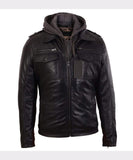 MENS BLACK BOMBER LAMBSKIN REAL LEATHER JACKET WITH HOOD - Wiseleather