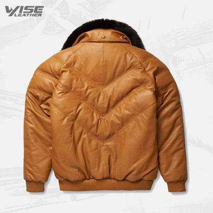 Men's Classic Brown V-Bomber Leather Jacket